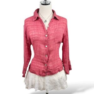 Linens Womens L Textured Linen Button Down Pink Chico's Blouse Lightweight